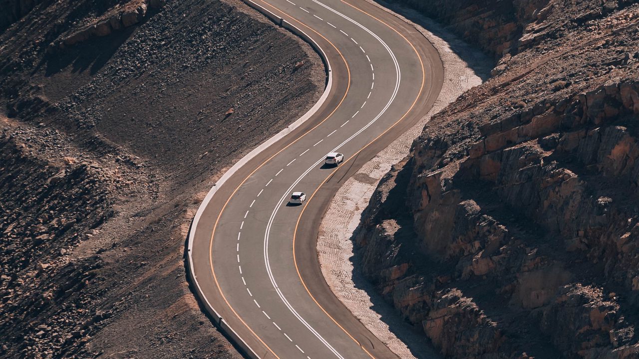 Wallpaper road, cars, mountain, slope, aerial view