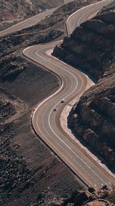 Preview wallpaper road, cars, mountain, slope, aerial view