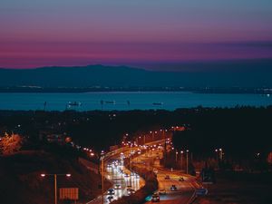 Preview wallpaper road, cars, night, lights, winding