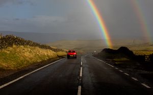 Preview wallpaper road, cars, rainbow, distance, london