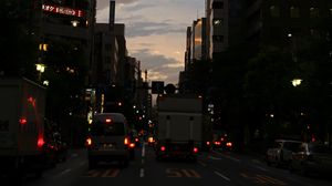 Preview wallpaper road, cars, street, lights, evening