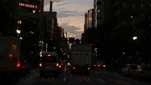 Preview wallpaper road, cars, street, lights, evening