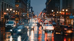 Preview wallpaper road, cars, street, city, rain