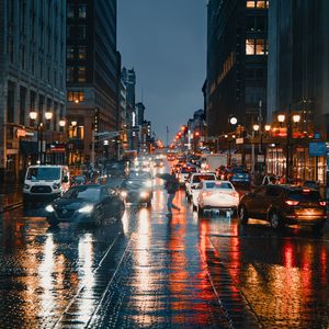 Preview wallpaper road, cars, street, city, rain