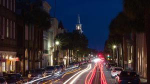 Preview wallpaper road, cars, trees, long exposure, night