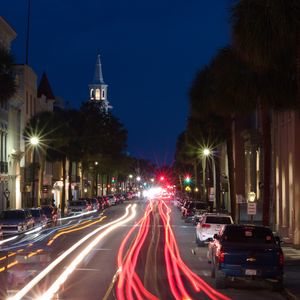 Preview wallpaper road, cars, trees, long exposure, night