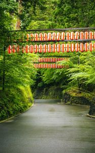 Preview wallpaper road, chinese lanterns, trees, landscape, nature