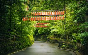 Preview wallpaper road, chinese lanterns, trees, landscape, nature