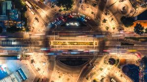 Preview wallpaper road, city, aerial view, cars