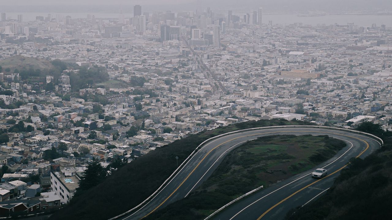 Wallpaper road, city, aerial view, fog, buildings, car