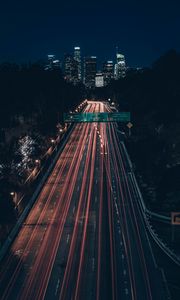 Preview wallpaper road, city, aerial view, night, long exposure, dark