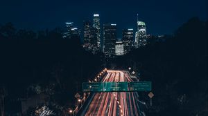 Preview wallpaper road, city, aerial view, night, long exposure, dark