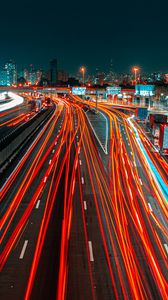 Preview wallpaper road, city, aerial view, lights, long exposure