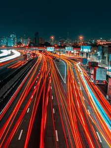 Preview wallpaper road, city, aerial view, lights, long exposure