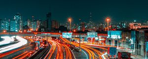 Preview wallpaper road, city, aerial view, lights, long exposure