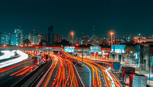 Preview wallpaper road, city, aerial view, lights, long exposure