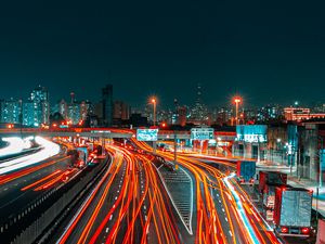 Preview wallpaper road, city, aerial view, lights, long exposure