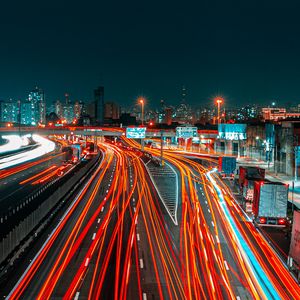 Preview wallpaper road, city, aerial view, lights, long exposure