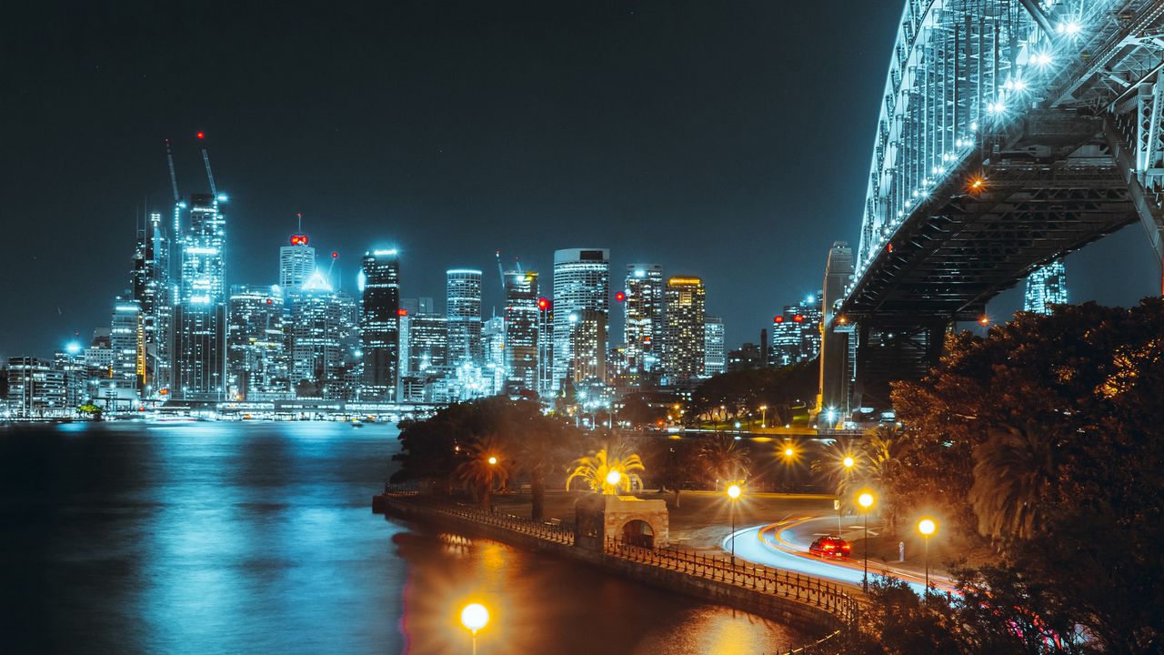 Wallpaper road, city, bridge, lights, glow