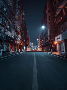 Preview wallpaper road, city, buildings, street, night