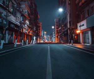 Preview wallpaper road, city, buildings, street, night