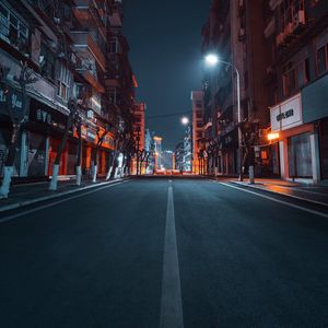 Preview wallpaper road, city, buildings, street, night