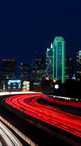 Preview wallpaper road, city, lights, long exposure, night, dark