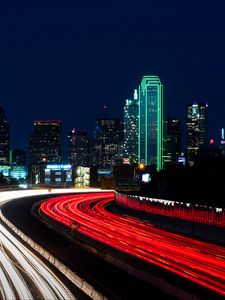 Preview wallpaper road, city, lights, long exposure, night, dark