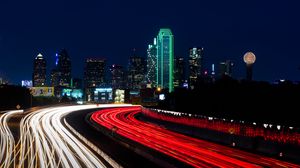 Preview wallpaper road, city, lights, long exposure, night, dark