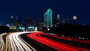 Preview wallpaper road, city, lights, long exposure, night, dark