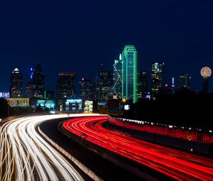 Preview wallpaper road, city, lights, long exposure, night, dark