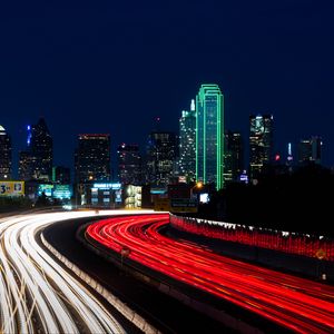 Preview wallpaper road, city, lights, long exposure, night, dark