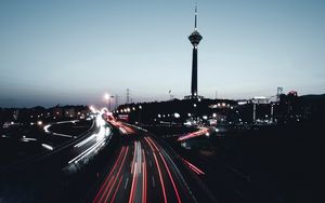 Preview wallpaper road, city, night, lights, long exposure