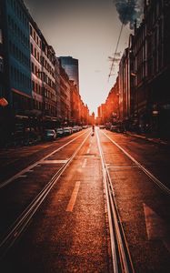 Preview wallpaper road, city, sunset, marking