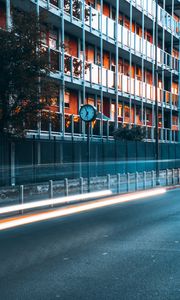 Preview wallpaper road, clock, building, long exposure, glow