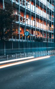 Preview wallpaper road, clock, building, long exposure, glow