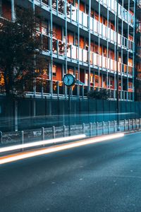 Preview wallpaper road, clock, building, long exposure, glow