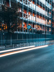 Preview wallpaper road, clock, building, long exposure, glow