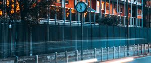 Preview wallpaper road, clock, building, long exposure, glow