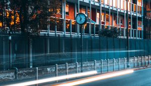 Preview wallpaper road, clock, building, long exposure, glow