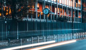 Preview wallpaper road, clock, building, long exposure, glow
