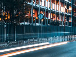 Preview wallpaper road, clock, building, long exposure, glow