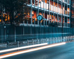 Preview wallpaper road, clock, building, long exposure, glow