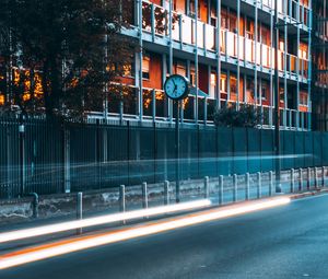 Preview wallpaper road, clock, building, long exposure, glow