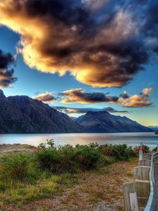 Preview wallpaper road, clouds, river, mountains, asphalt, marking