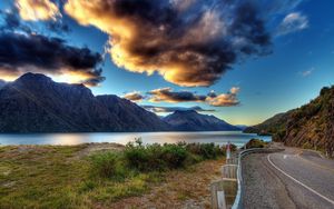 Preview wallpaper road, clouds, river, mountains, asphalt, marking