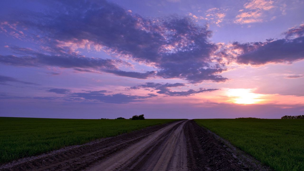 Wallpaper road, country, field, evening, clouds, horizon