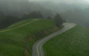 Preview wallpaper road, curve, grass, trees, hills, nature