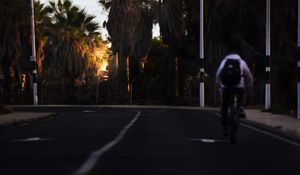 Preview wallpaper road, cyclist, palm trees, asphalt, turn