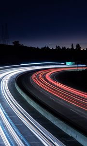 Preview wallpaper road, dark, turn, lights, long exposure